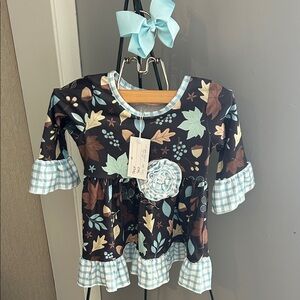 Floral Patterned Girls Dress with Blue Accents